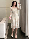 Floral Bliss: Women's Elegant Long Dress with Square Collar and Flare Sleeves