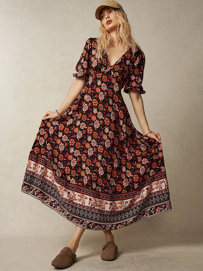 Sunset Serenade: BohoFeels Vacation V-Neck Dress