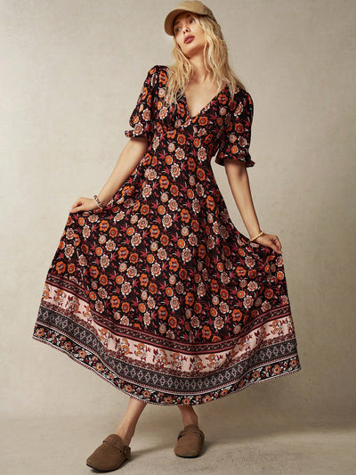 Sunset Serenade: BohoFeels Vacation V-Neck Dress