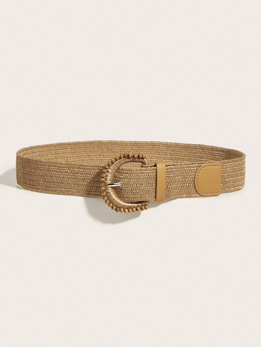 Dreamy Bohemian Bliss: Woven Elastic Waist Belt with D-Shaped Braided Wooden Beads Buckle