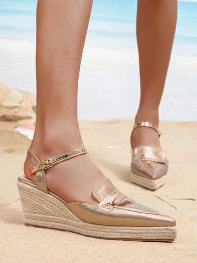 Braided Stone Pattern Bronze Wedge High Heel Platform Shoes: Step into Holiday Style