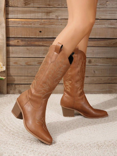 Heartfelt Western Knight Boots: Pointed Toe, Chunky Heels & Embroidered Style