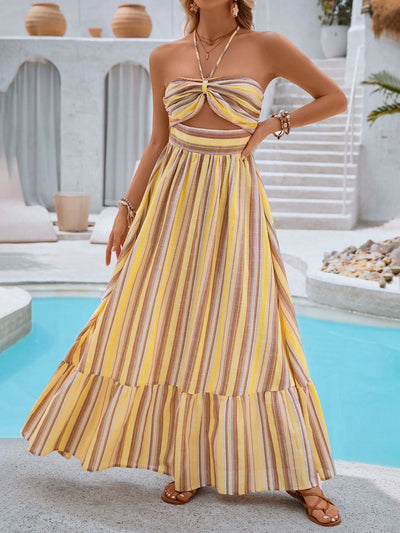 Summertime Dream: Sleeveless Striped Floral Vacation Dress with Neck Hanging Design