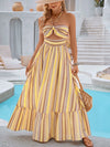 Summertime Dream: Sleeveless Striped Floral Vacation Dress with Neck Hanging Design