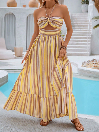 Summertime Dream: Sleeveless Striped Floral Vacation Dress with Neck Hanging Design