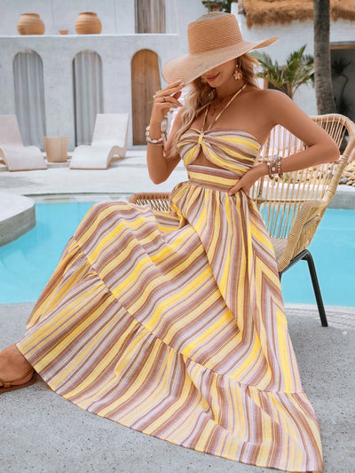 Summertime Dream: Sleeveless Striped Floral Vacation Dress with Neck Hanging Design