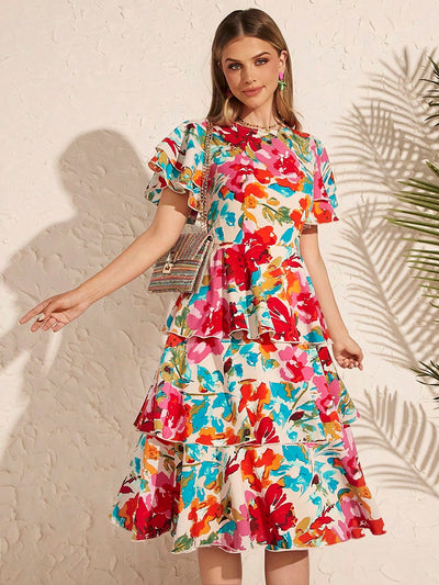 Fluttering Floral Beauty: Butterfly Sleeve Layered Hem Floral Dress