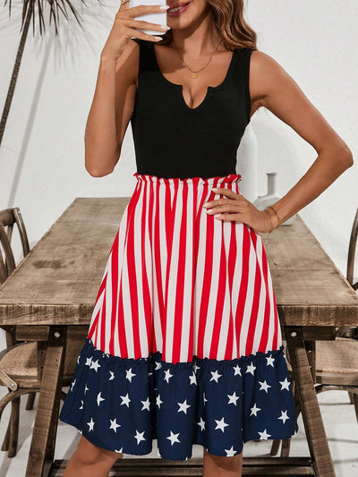 Celebrate Independence Day in style with our Clasi Patchwork Flag Print Dress. Made with ruffled pleats and a unique patchwork design, this dress is perfect for a chic and patriotic look. Show off your love for your country in this trendy and comfortable dress.