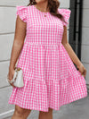 Chic Plus Size Gingham Flare Sleeve Summer Dress with Round Neck