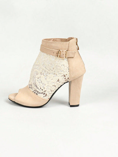 Chic Plus Size Fishnet Peep Toe Booties: Apricot High Heel Style