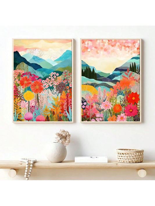 Abstract Botanical Mountain Art Poster Print: A Colorful Maximalist Aesthetic for Modern Home Decor