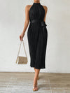 Elegant Pleated Waist Belt Dress with Halter Neck - Perfect for Any Occasion