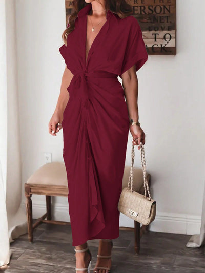 Twisted Elegance: Women's V-Neck Pleated Dress