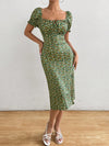 Polka Dot Perfection: Tie-Front Puff Sleeve Dress with Ruched Bust and Flirty Slit Hem