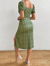 Polka Dot Perfection: Tie-Front Puff Sleeve Dress with Ruched Bust and Flirty Slit Hem