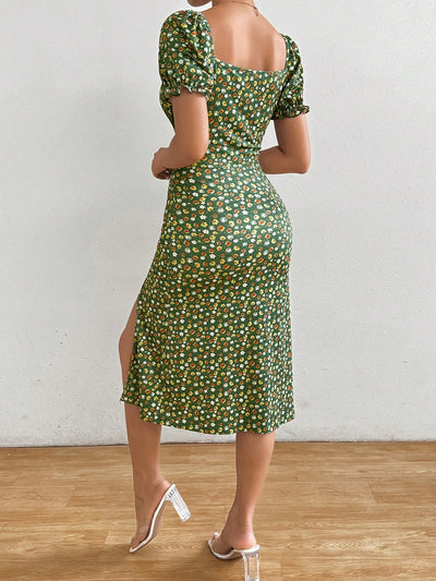 Polka Dot Perfection: Tie-Front Puff Sleeve Dress with Ruched Bust and Flirty Slit Hem