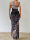 Gradient Goddess: Ruched Tulle Dress with High Slit and Asymmetric Collar