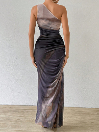 Gradient Goddess: Ruched Tulle Dress with High Slit and Asymmetric Collar