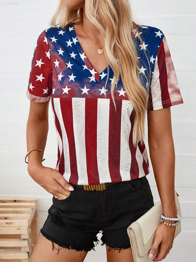 Show off your patriotic spirit with our Summer Patriotic Vibes: American Flag Pattern T-Shirt. Perfect for music festivals &amp; Independence Day, this short sleeve shirt combines style and celebration. Made from high-quality materials, it's comfortable to wear all day long. A must-have for any patriotic event.