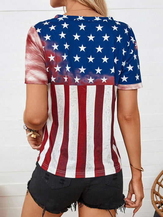 Summer Patriotic Vibes: American Flag Pattern Short Sleeve T-Shirt for Music Festivals & Independence Day