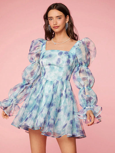 Enchanted Garden: Colorful Puff Sleeve Tie-Dye Dress for Women