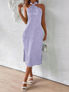 Chic Elegance: Classic Solid Color Jacquard Twist Halter Neck Dress With High Side Slit