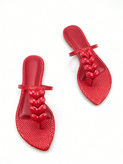 Red Heart Pattern Fabric Fashion Flats with Elegant Heart-Shaped Buckle - Perfect for Daily Wear and Parties