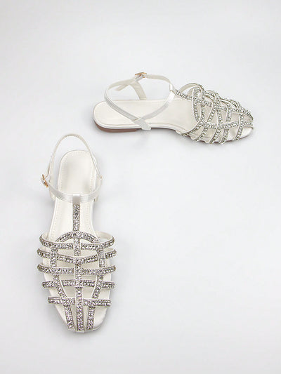 Gorgeous Rhinestone Sandals: Light Brown Sardine Fabric Braided Ankle Strap Flats for Daily and Party Wear