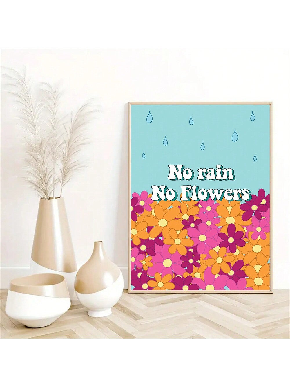 Elevate any space with our Vibrant Maximalist Floral Poster featuring the inspiring quote "No Rain No Flowers". With bold and colorful floral imagery, this wall art will add a touch of vibrancy to your room. A perfect reminder to stay positive during difficult times.
