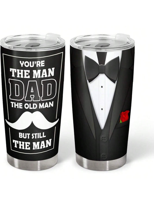 This 20oz stainless steel tumbler is the perfect gift for any dad's birthday or Father's Day. With the humorous "The Old Man But Still The Man" design, it showcases their wisdom and wit. Keep drinks hot or cold for hours with its vacuum insulation technology. A must-have for any dad who loves a good tumbler.