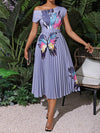 Fluttering Elegance: Butterfly Print Asymmetrical Neckline Vacation Dress