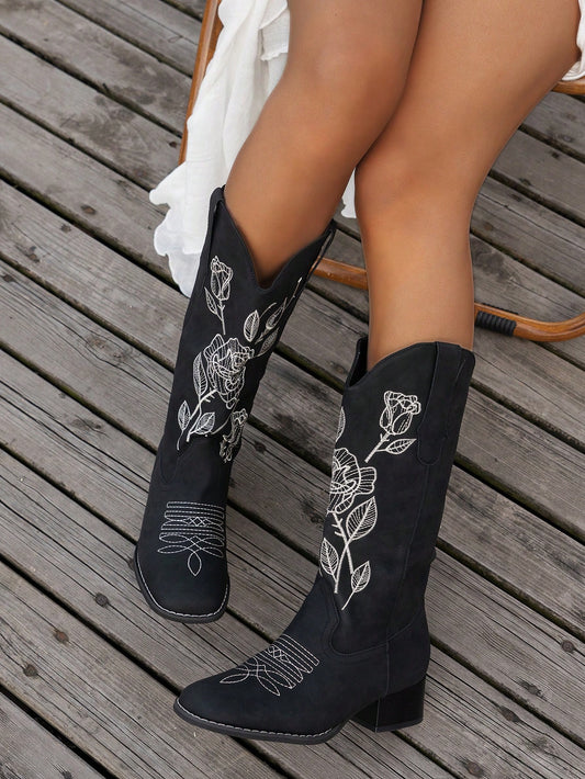 Elevate your style with our Chic Western Vibes: Embroidered Cowboy Boots. Designed with chunky heels and intricate embroidery, these boots exude elegance and comfort. Perfect for everyday wear or special occasions, these boots will add a touch of Western charm to your wardrobe.