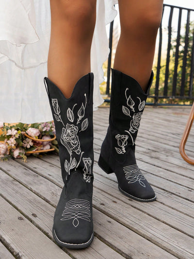 Heartfelt Western Knight Boots: Pointed Toe, Chunky Heels & Embroidered Style