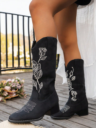 Chic Western Vibes: Embroidered Cowboy Boots with Chunky Heels