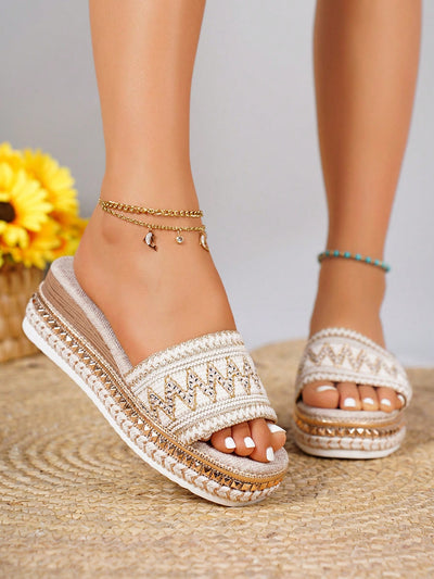 Summer Chic: Yellow Stone-Patterned Platform Wedge Sandals