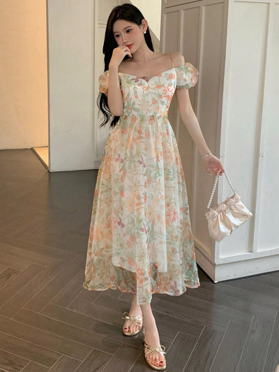 Summer Delight: Off-Shoulder Floral Printed Dress with Short Puff Sleeves