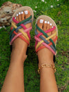 Multicolor Rainbow Flat Summer Sandals: Stylish Mule Style with Weaved Bottom for Comfort and Easy Slip-On Wrap Toe