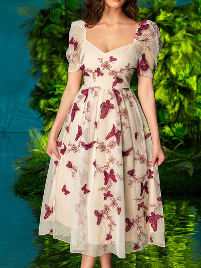 Fluttering Beauty: Double Crazy Women's Elegant Bubble Sleeves Dress with 3D Butterfly Decoration