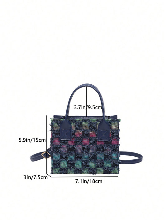 Chic and Stylish Spring/Summer Color Block Plaid Tassel Tote Bag