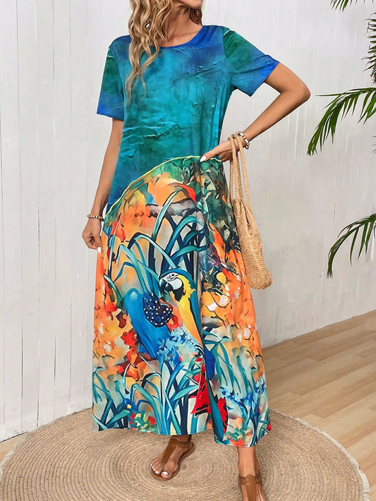 This Women's Round Neck Short Sleeve Pattern Printed Long Dress is a perfect choice for those who want to make a statement in style. With its unique pattern print and comfortable design, it is sure to turn heads and provide maximum comfort. Update your wardrobe with this must-have dress.