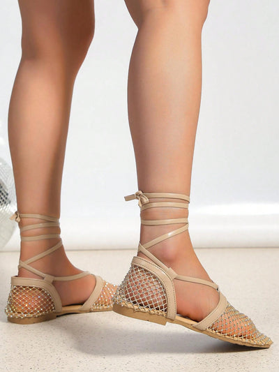 Summer Square Toe Fishnet Sandals: Colorful Crystal Hollow Mesh Slip-On Shoes