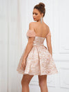 Gold & Pink Off-Shoulder Jacquard Dress for Elegant Occasions