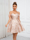 Gold & Pink Off-Shoulder Jacquard Dress for Elegant Occasions