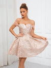 Gold & Pink Off-Shoulder Jacquard Dress for Elegant Occasions