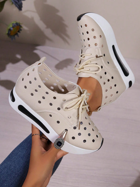These Apricot Cutout Wedge Sneakers offer a unique combination of style and comfort. With cutout details to enhance breathability and a thick sole for added support and cushioning, these sneakers are perfect for everyday wear. Stay on trend with these fashionable and functional shoes.
