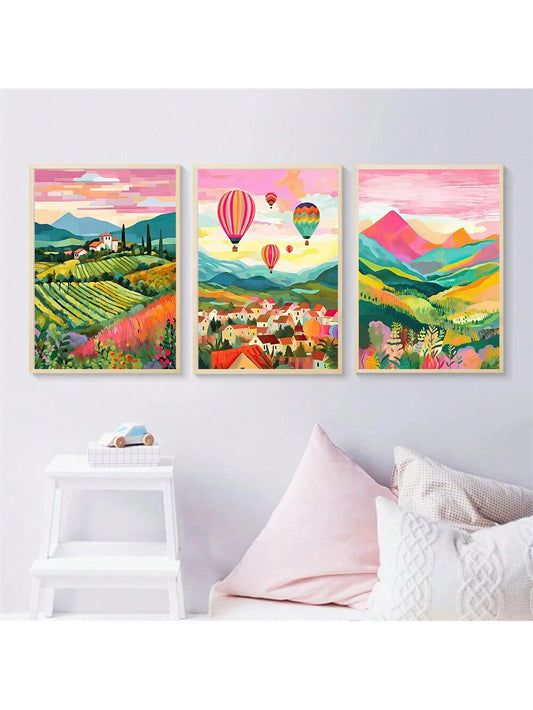 Vivid Nature Landscape Wall Art Set: 3 Frameless Flower and Mountain Posters