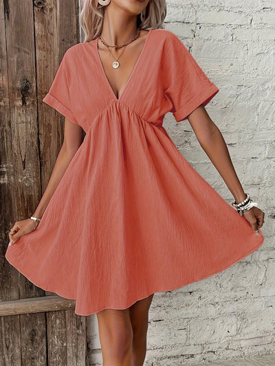 Chic and Stylish: Women's Batwing Sleeve V-Neck Dress in Solid Color