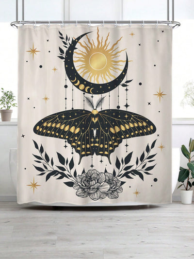 Artistic Abstract Line Pattern Shower Curtain with Face Butterfly and Female Figure Design