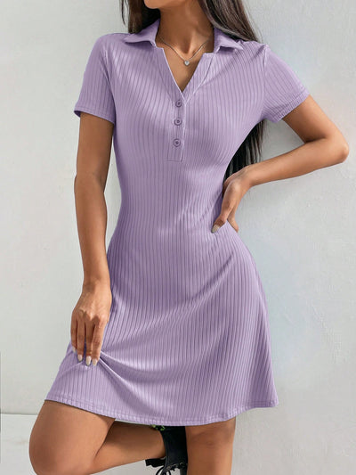 Chic Summer Ribbed Bodycon Dress with Polo Collar for Girls