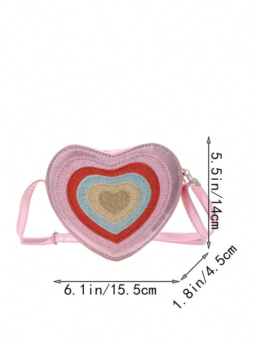 Sparkly Heart Shaped Mini Crossbody Bag for Kids - Trendy Color Block Design in Synthetic Leather